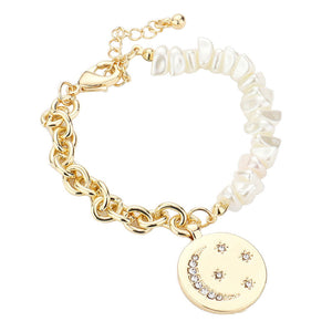 Gold Rhinestone Embellished Crescent Moon Star Metal Disc Charm Pearl Bracelet, Get ready with these Pearl Bracelet, put on a pop of color to complete your ensemble. Perfect for adding just the right amount of shimmer & shine. Perfect Birthday Gift, Anniversary Gift, Mother's Day Gift, Graduation Gift.