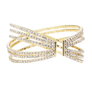 Gold Rhinestone Embellished Crisscross Cuff Evening Bracelet, this Rhinestone Bracelet sparkles all around with it's surrounding round stones, stylish evening bracelet that is easy to put on, take off and comfortable to wear. It has vibrant colors of the beautiful American flag. Show your love for this country with some sparkle.  Awesome gift for birthday, Anniversary, Valentine’s Day or any special occasion.