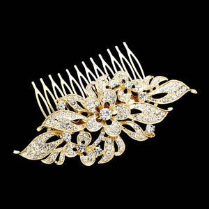 Gold Rhinestone Embellished Flower Leaf Hair Comb, amps up your hairstyle with a glamorous look on special occasions with this Rhinestone Embellished Flower Leaf Hair Comb! It will add a touch to any special event. These are Perfect Birthday Gifts, Anniversary Gifts, Mother's Day Gifts, Graduation gifts, and any occasion.