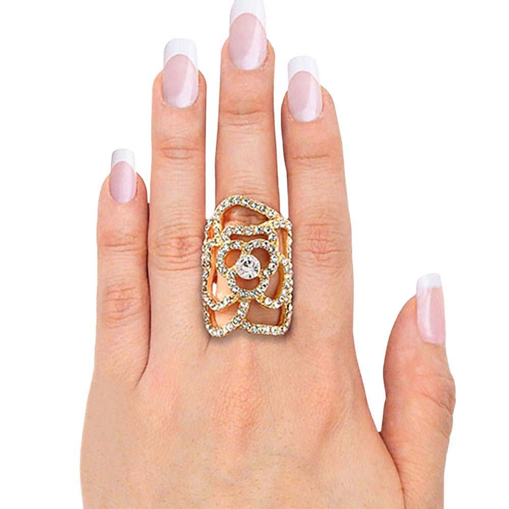 Gold Rhinestone Embellished Flower Stretch Ring, is made for special occasions to make you stand out from the crowd. Add a touch of girly glam to your look with this pretty Floral Ring. Jewelry that fits your lifestyle & makes you special on special days! Perfect for adding just the right amount of shimmer & shine and a touch of class to special events. 