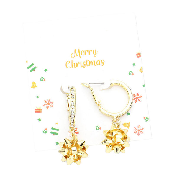 Gold Rhinestone Embellished Hoop Metal Christmas Bow Dangle Earrings. Beautifully crafted design adds a gorgeous glow to any outfit. Jewelry that fits your lifestyle! Perfect Birthday Gift, Anniversary Gift, Mother's Day Gift, Anniversary Gift, Graduation Gift, Prom Jewelry, Just Because Gift, Thank you Gift.