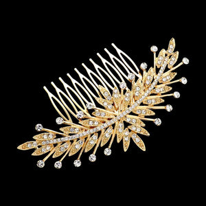 Gold Rhinestone Embellished Leaf Cluster Hair Comb, amps up your hairstyle with a glamorous look on special occasions with this Rhinestone Embellished Leaf Cluster Hair Comb! It will add a touch to any special event. These are Perfect Birthday Gifts, Anniversary Gifts, Mother's Day Gifts, Graduation gifts, and any occasion.