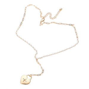 Gold Rhinestone Embellished Metal Heart Lock Pendant Y Necklace. Beautifully crafted design adds a gorgeous glow to any outfit. Jewelry that fits your lifestyle! Perfect Birthday Gift, Anniversary Gift, Mother's Day Gift, Graduation Gift, Prom Jewelry, Just Because Gift, Thank you Gift, Valentine's Day Gift.