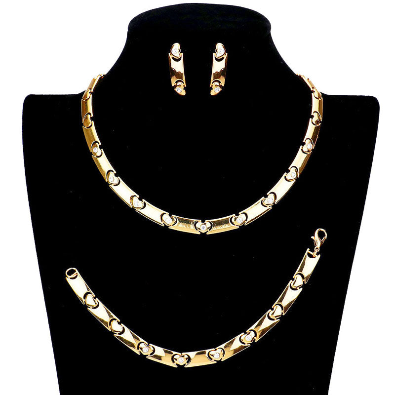 Gold Rhinestone Embellished Metal Heart Necklace Jewelry Set. Beautifully crafted design adds a gorgeous glow to any outfit. Jewelry that fits your lifestyle! Perfect Birthday Gift, Valentine's Gift, Anniversary Gift, Mother's Day Gift, Anniversary Gift, Graduation Gift, Prom Jewelry, Just Because Gift, Thank you Gift.