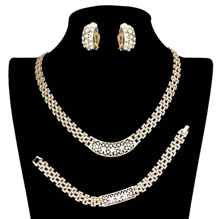 Gold Rhinestone Embellished Necklace Clip Earring Set. Stunning jewelry set will sparkle all night long making you shine out like a diamond. Perfect for adding just the right amount of shimmer & shine and a touch of class to special events. These gorgeous Rhinestone pieces will show your class in any special occasion. The elegance of these  set goes unmatched. These classy necklaces are perfect for Party, Wedding and Evening. Awesome gift for birthday, Anniversary, Valentine’s Day or any special occasion.