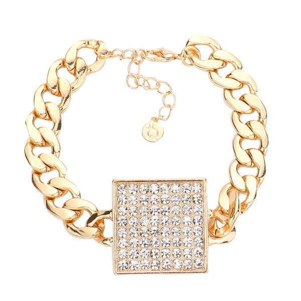 Gold Rhinestone Embellished Square Pendant Metal Link Bracelet. These Metal bracelets are easy to put on, take off and so comfortable for daily wear. Pair these with tee and jeans and you are good to go. It will be your new favorite go-to accessory. Perfect Birthday gift, friendship day, Mother's Day, Graduation Gift.