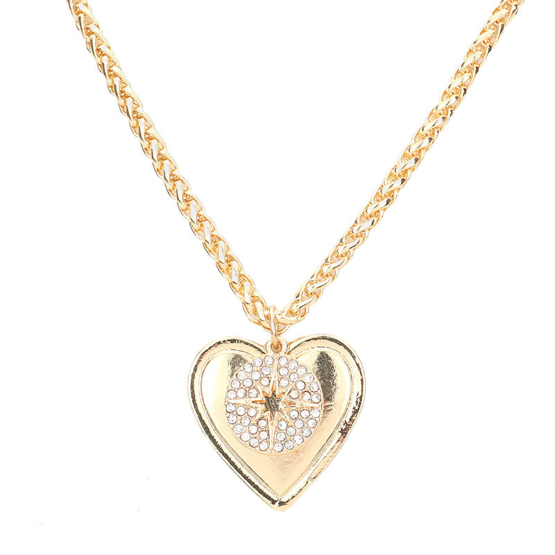 Gold Rhinestone Embellished Star Metal Heart Pendant Necklace, This beautiful Star-themed heart pendant necklace is the ultimate representation of your class & beauty. Get ready with these heart pendant necklaces to receive compliments putting on a pop of color to complete your ensemble in perfect style for anywhere, any time, or any other special occasion. 