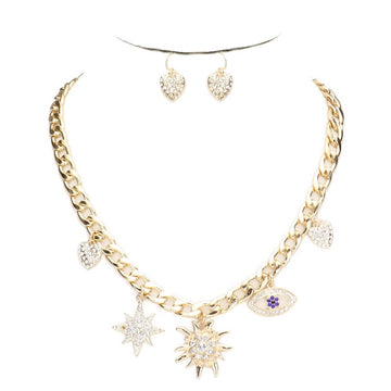 Gold Rhinestone Heart North Star Charm EvilEye Pendant Necklace Earring Set; when someone eyes your good fortune with jealousy or gluttony, the evil eye necklace is a known symbol to protect & ward off negative energy. Great gift: Vacation, Birthday, Anniversary, Christmas, Just Because, Valentine's, Mother's day, Easter