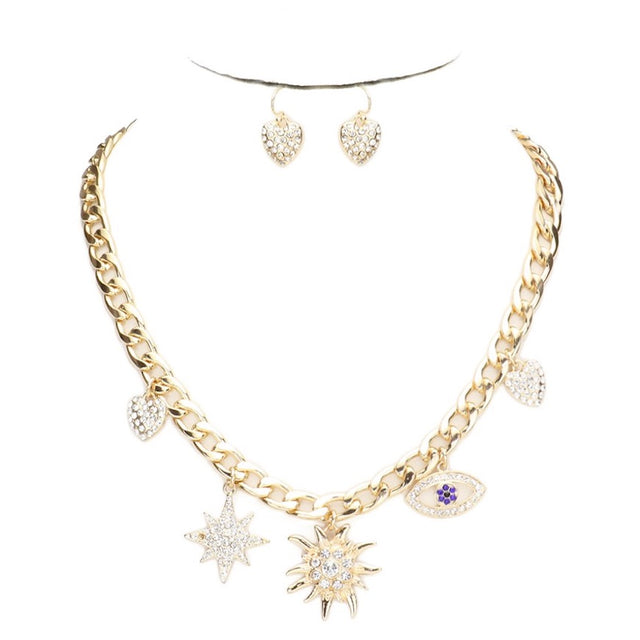 Gold Rhinestone Heart North Star Charm EvilEye Pendant Necklace Earring Set; when someone eyes your good fortune with jealousy or gluttony, the evil eye necklace is a known symbol to protect & ward off negative energy. Great gift: Vacation, Birthday, Anniversary, Christmas, Just Because, Valentine's, Mother's day, Easter