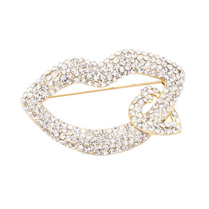 Gold Rhinestone Lip Heart Pin Brooch. Get ready with these pin brooches, give your outfit the extra boost it needs. Perfect for adding just the right amount of shimmer & shine and a touch of class to special events. Perfect Birthday Gift, Anniversary Gift, Mother's Day Gift, Gradu