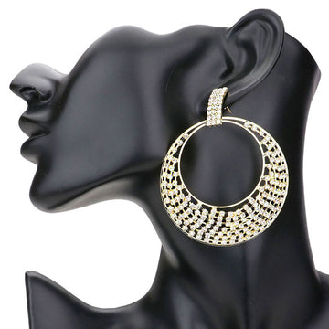 Gold Rhinestone Pave Abstract Circle Dangle Evening Earrings, dare to dazzle with this bejeweled evening earrings, designed to accent the earlobes, rhinestone dangle evening earrings, which are a perfect way to add sparkle to everything, showing off your elegance. Perfect Gift, Birthday, Anniversary, Prom, Mother's Day Gift, Sweet 16, Wedding, Quinceanera.