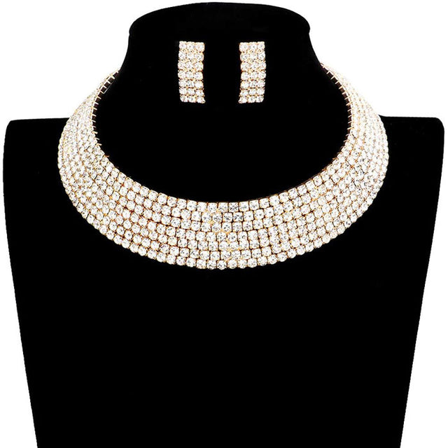 Gold Rhinestone Pave Evening Choker, stunning jewelry set will sparkle all night long making you shine like a diamond. Perfect for adding just the right amount of shimmer & shine and a touch of class to special events. Suitable for a night out on the town or a black tie party, Perfect Gift, Birthday, Anniversary, Prom, Mother's Day Gift, Sweet 16, Wedding, Quinceanera.