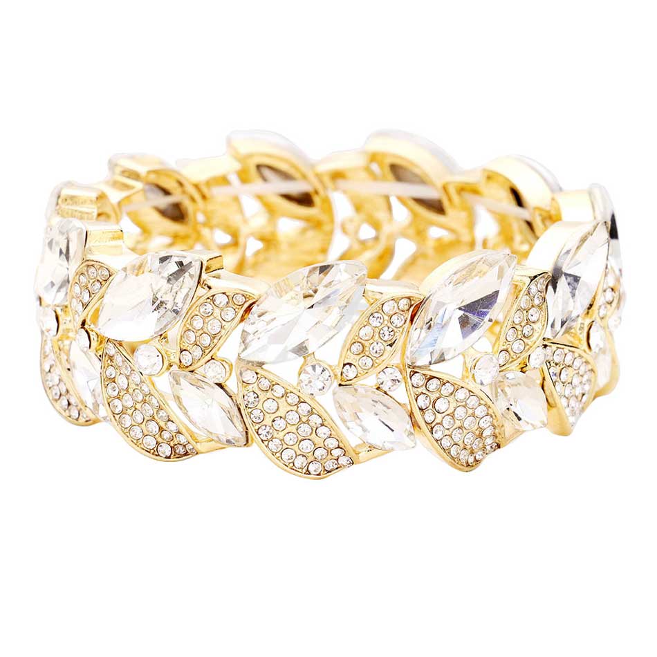 Gold Rhinestone Pave Marquise Stone Leaf Stretch Evening Bracelet. Get ready with this bracelets, Beautifully crafted design adds a gorgeous glow to any outfit. Jewelry that fits your lifestyle! Perfect Birthday Gift, Anniversary Gift, Mother's Day Gift, Anniversary Gift, Graduation Gift, Prom Jewelry, Just Because Gift, Thank you Gift.