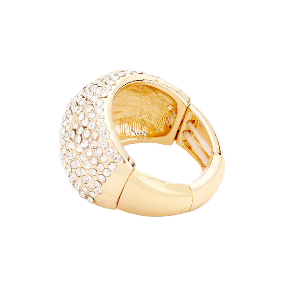 Gold Rhinestone Pave Stretch Ring. Beautifully crafted design adds a gorgeous glow to any outfit. Jewelry that fits your lifestyle. Polish your elegance with the sparkling band. If you prefer timeless glamour, this cut is meant for you. Perfect for adding just the right amount of shimmer & shine and a touch of class to special events. Perfect Birthday Gift, Anniversary Gift, Mother's Day Gift, Graduation Gift, Just Because Gift, Thank you Gift.
