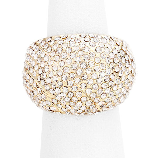 Gold Rhinestone Pave Stretch Ring. Beautifully crafted design adds a gorgeous glow to any outfit. Jewelry that fits your lifestyle. Polish your elegance with the sparkling band. If you prefer timeless glamour, this cut is meant for you. Perfect for adding just the right amount of shimmer & shine and a touch of class to special events. Perfect Birthday Gift, Anniversary Gift, Mother's Day Gift, Graduation Gift, Just Because Gift, Thank you Gift.