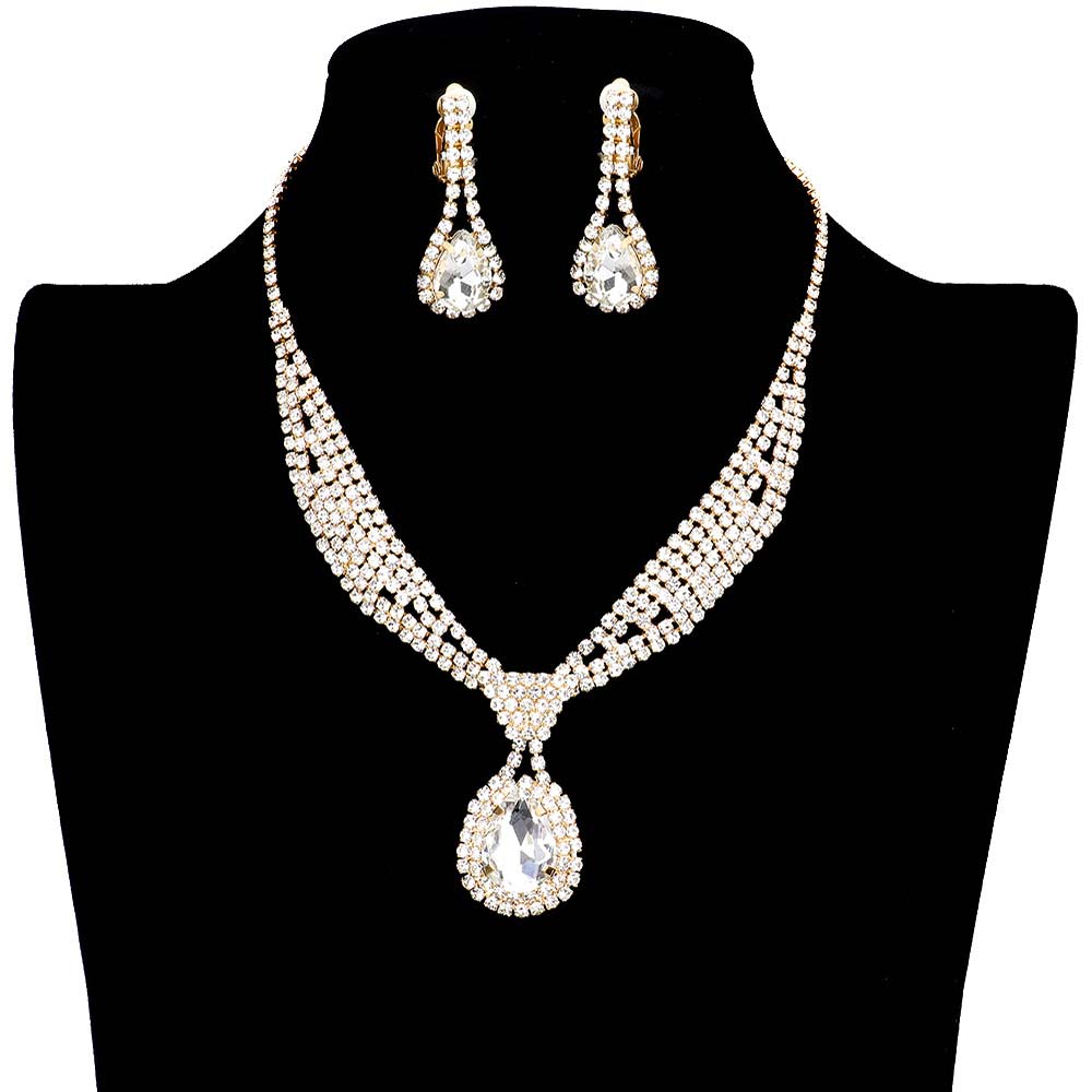 Gold Rhinestone Pave Teardrop Collar Necklace & Clip Earring Set, stunning jewelry set will sparkle all night long making you shine out like a diamond. perfect for a night out on the town or a black tie party, Perfect Gift, Birthday, Anniversary, Prom, Mother's Day Gift, Sweet 16, Wedding, Quinceanera, Bridesmaid.