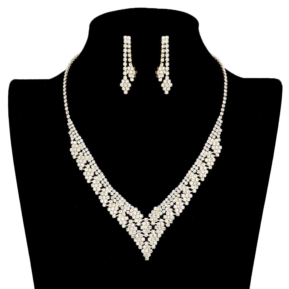 Gold perfect beauty & class on any special occasion. The elegance of these rhinestones goes unmatched. Great for wearing at a party! Perfect for adding just the right amount of glamour and sophistication to important occasions. These classy Rhinestone Pave V-shaped Jewelry Sets are perfect for parties, Weddings, and Evenings.