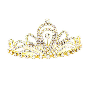 Gold Rhinestone Princess Mini Tiara. Elegant and sparkling, this tiara features rhinestones and an artistic design. Makes You More Eye-catching in the Crowd. Suitable for Wedding, Engagement, Prom, Dinner Party, Birthday Party, Any Occasion You Want to Be More Charming.