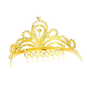 Gold  Rhinestone Princess Mini Tiara. Elegant and sparkling, this tiara features rhinestones and an artistic design. Makes You More Eye-catching in the Crowd. Suitable for Wedding, Engagement, Prom, Dinner Party, Birthday Party, Any Occasion You Want to Be More Charming.