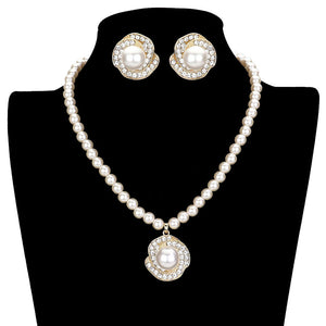 Gold Rosette Pearl Rhinestone Pave Collar Necklace. Wear together or separate according to your event with different outfits to add perfect luxe and class with incomparable beauty.  Perfectly lightweight for all-day wear. coordinate with any ensemble from business casual to everyday wear. These flower themed necklace set is a wonderful gift for birthdays, anniversaries, Valentine’s Day, or any special occasion. Have a praiseworthy look.