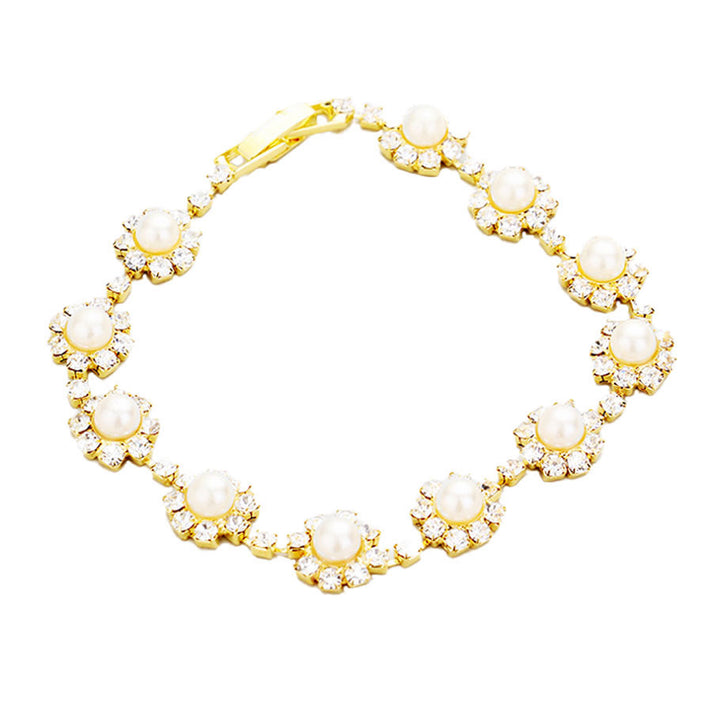 Gold Round Crystal Rhinestone Pearl Rosette Evening Bracelet. Wear with your favorite tops and dresses! Designed to add a gorgeous stylish glow to any outfit style. This piece is versatile and goes with practically anything! Fabulous Birthday, Mother's Day Gift, Just Because.