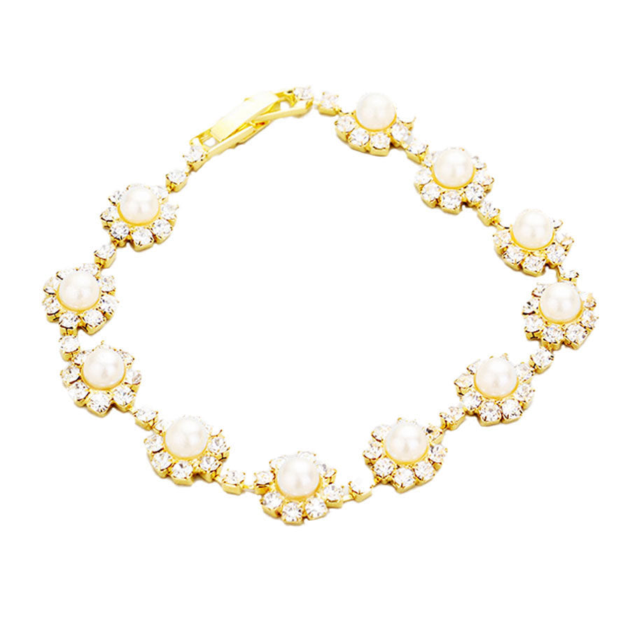 Gold Round Crystal Rhinestone Pearl Rosette Evening Bracelet. Wear with your favorite tops and dresses! Designed to add a gorgeous stylish glow to any outfit style. This piece is versatile and goes with practically anything! Fabulous Birthday, Mother's Day Gift, Just Because.