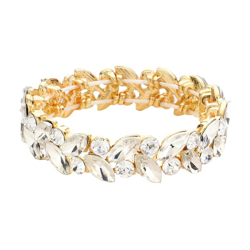 Gold Round Marquise Stone Cluster Stretch Evening Bracelet, Get ready with this Round stone cluster stretchable Bracelet and put on a pop of color to complete your ensemble. Perfect for adding just the right amount of shimmer & shine and a touch of class to special events. Wear with different outfits to add perfect luxe and class with incomparable beauty. Just what you need to update in your wardrobe.