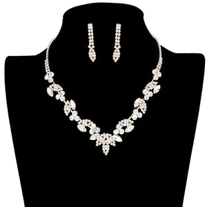 Gold Round Marquise Stone Embellished Rhinestone Pave Necklace, stunning jewelry set will sparkle all night long making you shine out like a diamond. simple sophistication makes a standout addition to your collection designed to accent the neckline adds a gorgeous stylish glow to any outfit style, jewelry that fits your lifestyle! The beautiful combination of Flower & Leaf themed pave necklace are the perfect gift for the women in your lives who love flower.