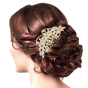 Gold Round Stone Accented Rhinestone Wedding Bridal Hair Comb. Perfect for adding just the right amount of shimmer & shine, will add a touch of class, beauty and style to your wedding, prom, special events, embellished glass crystal to keep your hair sparkling all day & all night long.
