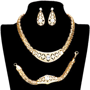 Gold Round Stone Centered Metal Accented Necklace Jewelry Set. Beautifully crafted design adds a gorgeous glow to any outfit. Jewelry that fits your lifestyle! Perfect Birthday Gift, Anniversary Gift, Mother's Day Gift, Anniversary Gift, Graduation Gift, Prom Jewelry, Just Because Gift, Thank you Gift.