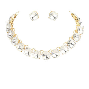 Gold Round Stone Link Evening Necklace, This gorgeous necklace jewelry set will show your class on any special occasion. The elegance of these stones goes unmatched, great for wearing at a party! Stunning jewelry set will sparkle all night long making you shine like a diamond on special occasions. Perfect jewelry to enhance your look and for wearing at parties, weddings, date nights, or any special event. 
