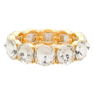 Gold Round Stone Stretch Evening Bracelet, These gorgeous stone pieces will show your class on any special occasion. Eye-catching sparkle, the sophisticated look you have been craving for! This Stone evening bracelet sparkles all around with its surrounding round stones, the stylish stretch bracelet that is easy to put on, and take off, and comfortable to wear. It looks so pretty, bright, and elegant on any special occasion. 