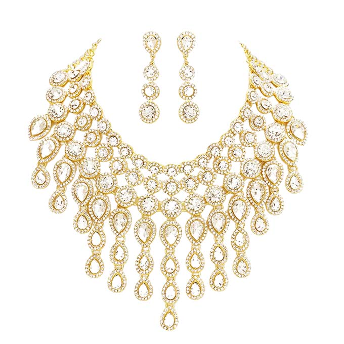 Gold Round Teardrop Stone Cluster Evening Bib Necklace, This gorgeous jewelry set will show your class on any special occasion. The elegance of these stones goes unmatched, great for wearing at a party! stunning jewelry set will sparkle all night long making you shine like a diamond on special occasions. Perfect jewelry to enhance your look and for wearing at parties, weddings, date nights, or any special event.