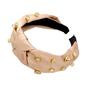 Gold Round Teardrop Stone Embellished Burnout Knot Headband, the combination of stone sewn on a knot headband will make you feel glamorous. Be ready to receive compliments. Be the ultimate trendsetter wearing this knot headband with all your stylish outfits! Exquisite enough to use on the wedding day.
