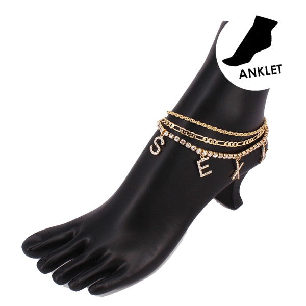 Gold 3pcs "Sexy" Rhinestone Chain Layer Anklets; Make a splash this summer, these 3 layer polished chain anklets, one with rhinestone embellishments & letter charms that spell "Sexy", add lots of fun to your ankles, the ultimate accessory for bare legs & beach days. Ideal Birthday gift, Getaway, Vacation, Cruise, Poolside