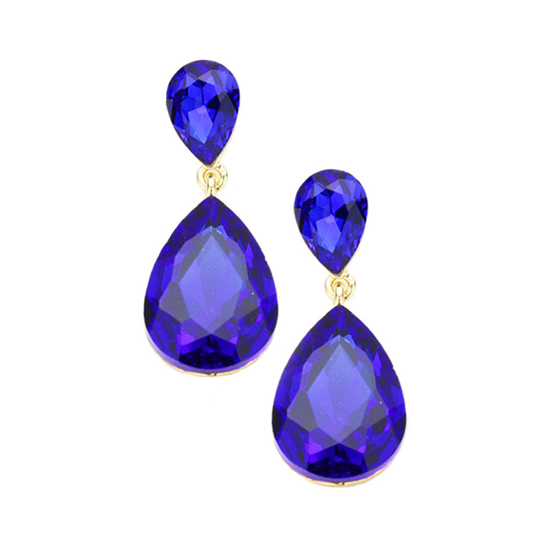 Sapphire Gold Crystal Double Teardrop Evening Earrings; get into the groove with our gorgeous handcrafted earrings, add a pop of color to your ensemble, just the right amount of shimmer & shine, touch of class, beauty and style to any special events. Perfect Birthday Gift, Anniversary Gift, Mother's Day Gift, Graduation Gift.