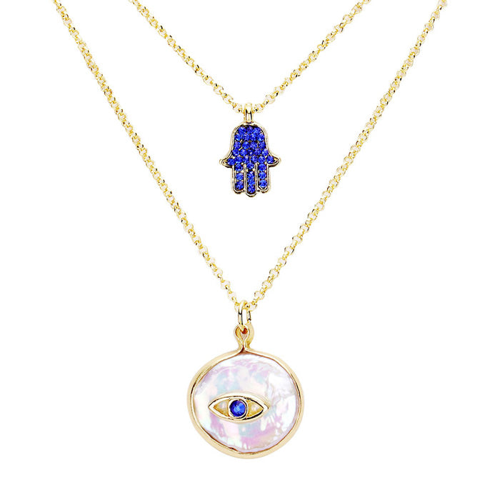 Gold Sapphire Evil Eye Pendant Rhinestone hamsa hands Layered Necklace, put on a pop of color to complete your ensemble. Beautifully crafted design adds a gorgeous glow to any outfit. Perfect Birthday Gift, Anniversary Gift, Mother's Day Gift, Prom Jewelry, Just Because Gift, Thank you Gift.