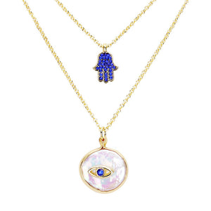 Gold Sapphire Evil Eye Pendant Rhinestone hamsa hands Layered Necklace, put on a pop of color to complete your ensemble. Beautifully crafted design adds a gorgeous glow to any outfit. Perfect Birthday Gift, Anniversary Gift, Mother's Day Gift, Prom Jewelry, Just Because Gift, Thank you Gift.