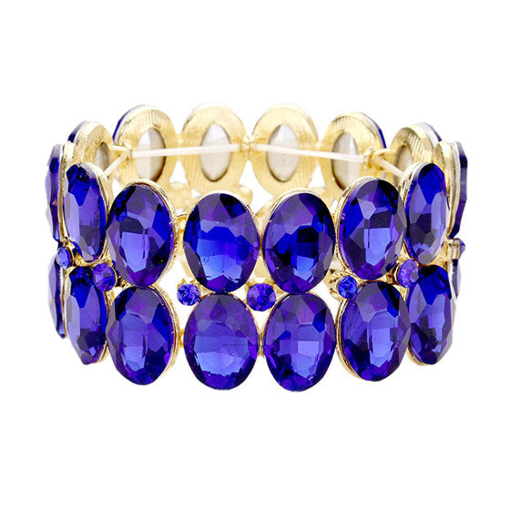 Gold Sapphire Glass Crystal Oval Stone Cluster Stretch Bracelet. Get ready with these Bracelet, put on a pop of colour to complete your ensemble. Perfect for adding just the right amount of shimmer & shine and a touch of class to special events. Perfect Birthday Gift, Anniversary Gift, Mother's Day Gift, Graduation Gift, Prom Jewellery, Just Because Gift, Thank you Gift.
