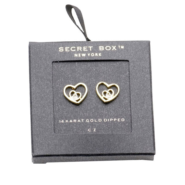 Gold Secret Box 14K Gold Dipped CZ Triple Metal Heart Stud Earrings. Beautifully crafted design adds a gorgeous glow to any outfit. Jewelry that fits your lifestyle! Perfect Birthday Gift, Anniversary Gift, Mother's Day Gift, Graduation Gift, Prom Jewelry, Just Because Gift, Thank you Gift, Valentine's Day Gift.