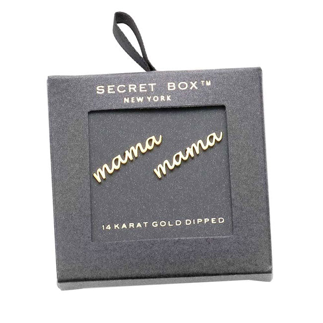 Gold Secret Box 14K Gold Dipped mama Metal Stud Earrings, The perfect assortment of beautiful earrings, pair these glitzy studs with any ensemble for a polished & sophisticated look. Make your mom feel special with this gorgeous earrings gift! Her heart will swell with joy! Ideal for dates, Birthday Gift, Anniversary Gift, Mother's Day Gift, Graduation Gift, Just Because Gift, Thank you Gift.