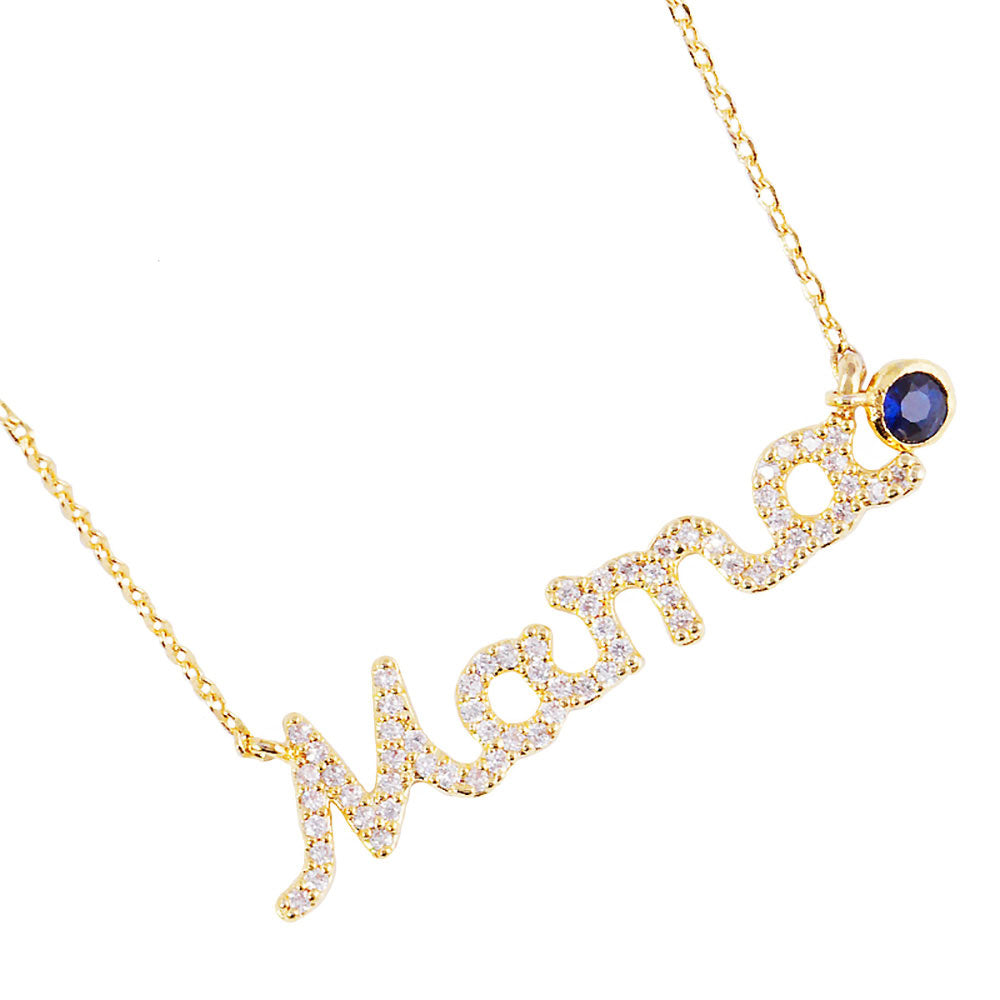 Gold September Birthstone MAMA Message Pendant Necklace. Elegant jewelry brightens up your brilliant life. No matter when, a mother is always there to accompany you and protect you. The mother necklace keeps our love close to mom.  Make your mother feel special by giving this MAMA pendant necklace as a gift and expressing your love for your mother on this Mother's Day.