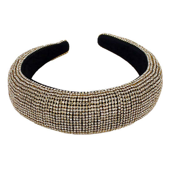 Gold Shiny Rhinestone Pave Headband, soft, shiny padded headband making you feel extra glamorous. Push back your hair with this pretty plush Shiny Rhinestone headband, add a pop of color to any plain outfit! Be ready to receive compliments. Be the ultimate trendsetter wearing this chic headband with all your stylish outfits!