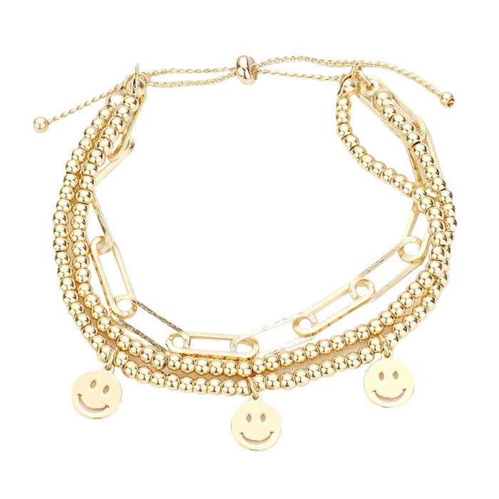 Gold Smile Charm Triple Layered Bracelet, Get ready with these Magnetic Bracelet, put on a pop of color to complete your ensemble. Perfect for adding just the right amount of shimmer & shine and a touch of class to special events. Perfect Birthday Gift, Anniversary Gift, Mother's Day Gift, Graduation Gift.
