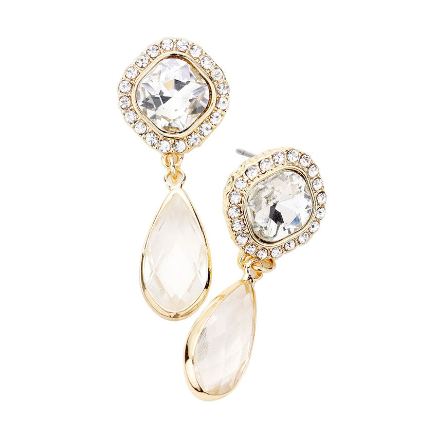 Gold Square Clear Lucite Teardrop Dangle Evening Earrings. This teardrop dangle earrings put on a pop of color to complete your ensemble. Beautifully crafted design adds a gorgeous glow to any outfit. Teardrop Stone and sparkling  design give these stunning earrings an elegant look. Perfect for adding just the right amount of shimmer & shine. Perfect for Birthday Gift, Anniversary Gift, Mother's Day Gift, Graduation Gift.