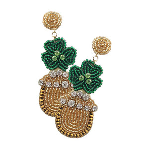 Gold St. Patricks Day Beaded Shamrock Pot of Gold Dangle Earrings, These adorable felt-back beaded earrings are a wonderful accessory for your St.Patrick's Day outfit or anytime you need some extra luck! Celebrate St Patrick's Day by "wearing the green" with this lucky pot of gold dangle earrings!