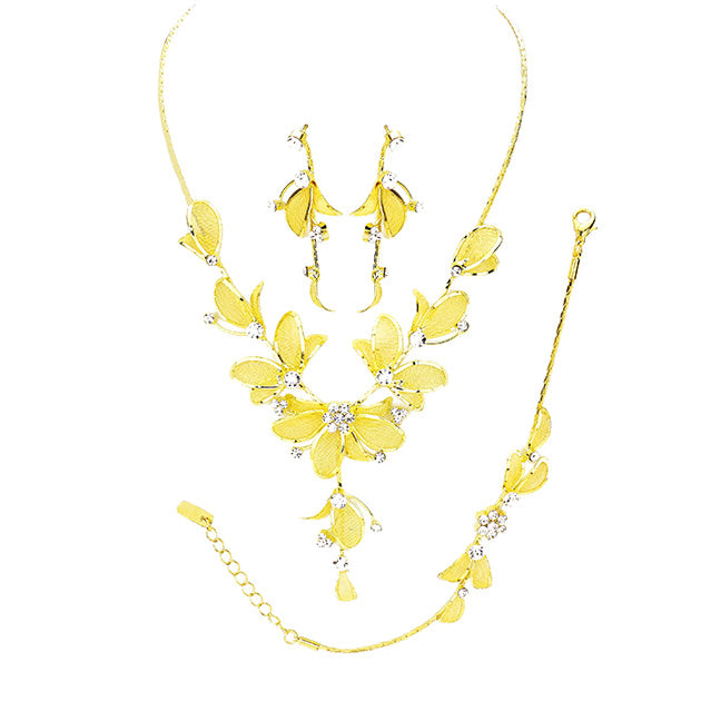 Gold Stone Accented Metal Mesh Petal Jewelry Set, These Necklace jewelry sets are Elegant. Get ready with these beautifully floral detailed stone Necklace and a bright Bracelet, adds a gorgeous glow to any outfit. Stunning jewelry set will sparkle all night long making you shine out like a diamond. Suitable for wear Party, Wedding, Date Night or any special events. Perfect Birthday, Anniversary, Prom Jewelry, Thank you Gift. 