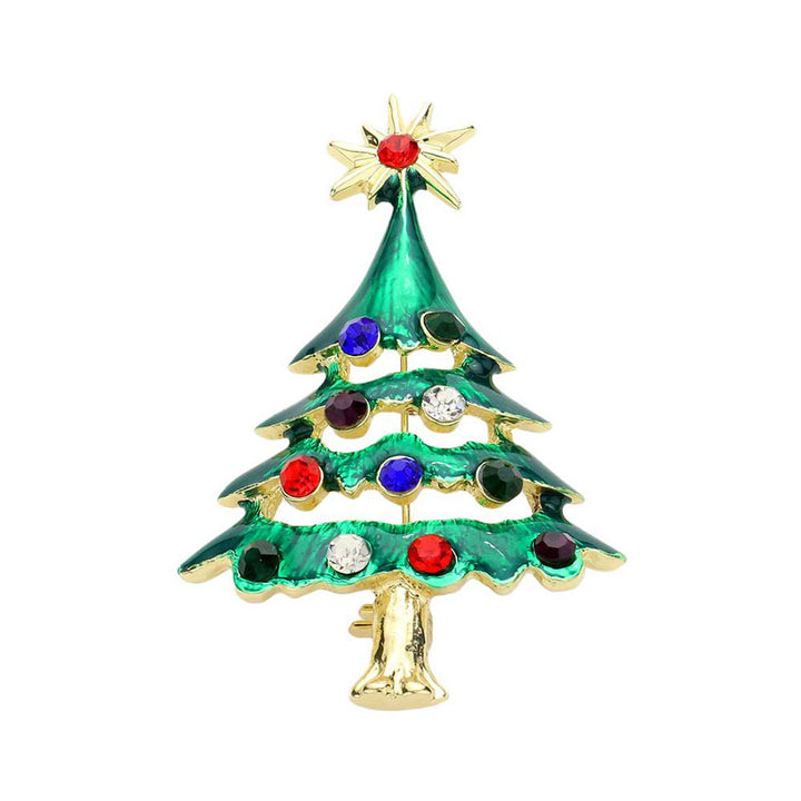 Gold Stone Embellished Enamel Christmas Tree Pin Brooch, get ready with these Christmas tree pin brooches, give your outfit the extra boost it needs. Perfect for adding just the right amount of shimmer & shine and a touch of class to special events. Look like the ultimate fashionista with these Brooches!