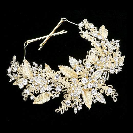 Gold Stone Embellished Leaf Cluster Bun Wrap Headpiece. Keep your hairstyle as glamorous as you are with this Stone headpiece! Add spectacular sparkle into your hair do. Perfect for adding just the right amount of shimmer & shine, will add a touch of class, beauty and style to your wedding, prom, special events, embellished flower leaf cluster to keep your hair sparkling all day & all night long. 