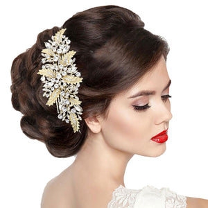 Gold Stone Embellished Leaf Cluster Hair Comb. Perfect for adding just the right amount of shimmer & shine, will add a touch of class, beauty and style to your wedding, prom, special events, embellished glass crystal to keep your hair sparkling all day & all night long.